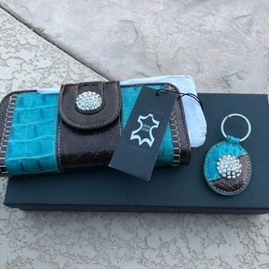 Marc Chantal Checkbook Wallet Aqua Leather